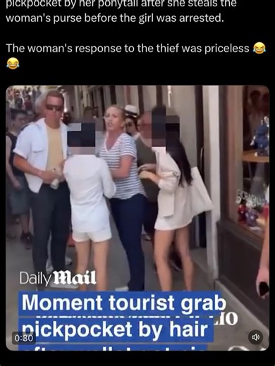 Hunter on Instagram: "🇮🇹 American tourist in Italy grabs 14 year old (Gypsy) pickpocket by her ponytail after she steals the woman’s purse before the girl was arrested. Italian (Gypsy) thief: *screams psychotically* American woman: “I’ve got 8 kids, you ain’t getting to me.”"