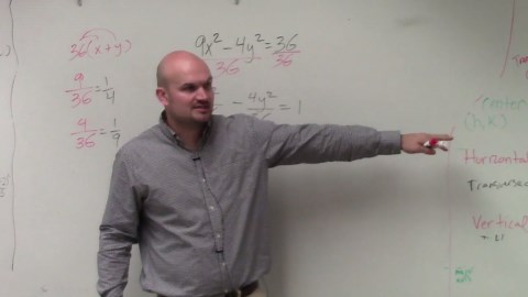 Given an equation find the vertices, center and foci of hyperbola