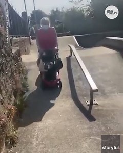 This grandma was so excited to ride scooter through the skate park. | USA TODAY Video