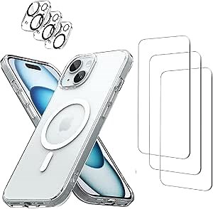 Premium 3 Pack Screen Protector for iPhone 14 Size 6.1" + Upgraded MagSafe Clear Case + 3 Camera Lens Covers | HD Tempered Glass, Shockproof, Scratch-Resistant, Wireless Charging [7in1 Kit]