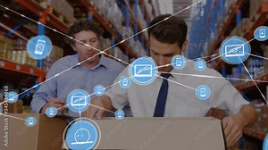 Animation of network connections with smartphone and laptop icons and workers in the background Stock Video