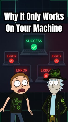 The Sanchez Lab on Instagram: "Why your code only works on your machine Your code can work perfectly on your machine and still fail everywhere else. Different versions, different libraries, different system dependencies cause different behavior. If the environment isn’t the same, the code isn’t the same. Here’s why works on my machine isn’t a fix and how devs actually solve it. #rickandmorty #Programming #codinglife #TechReels #learntocode"