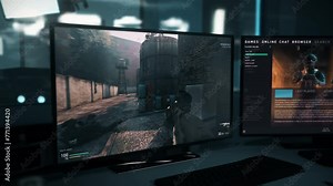 Playing With Combat Weapons In Computer Video Game To Achieve Victory. Fighting Terrorists Using Assault Rifle Combat Weapon In Computer Game. Military Combat Computer Simulator. Shooting Weapon