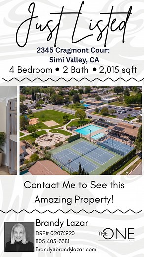 NEW LISTING!! 2345 Cragmont Court Simi Valley, CA 4 Beds 2 Baths 2015 Sqft Offered at $950,000 Come see this Amazing Home!! Brandy Lazar DRE #02076920 805 405-3381 Brandy@BrandyLazar.com The ONE Luxury Properties #buying #westlakevillage #realestate #thousandoaks #agourahills #moorpark #conejovalley #conejovalleyrealestate #conejovalleyrealtor #justsold #realestate #dreamhome #simivalley | Realtor Brandy Lazar | Facebook
