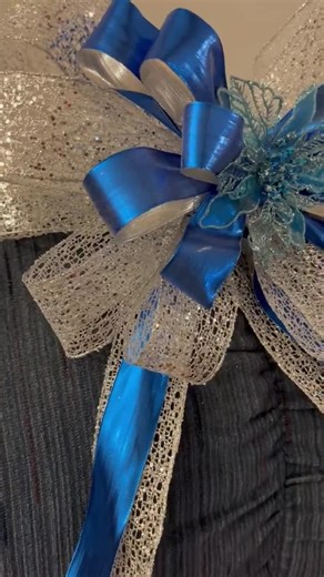 Christmas Tree Topper Bow with Streamers: Silver and Royal Blue, Teal Poinsettia