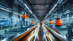 Automated production line with robotic arms moving along a conveyor belt in a modern factory.