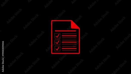 Simple red outline of a document with three completed checklist and horizontal lines representing text on a plain black background with a subtle shadow effect