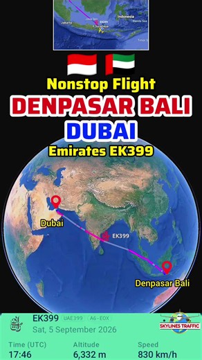 Denpasar Bali to Dubai Flight Route with Emirates EK399 | Airbus A380-861 ✈️ Fly nonstop from Denpasar, Bali 🇮🇩 to Dubai 🇦🇪 on September 6, 2026! Emirates flight EK399 departs from I Gusti Ngurah Rai International Airport at 1:30 AM WITA and covers a distance of approximately 7,549 km in 8 hours and 14 minutes, arriving at Dubai International Airport at 5:44 AM Dubai time. 🛫 This route is operated daily by Emirates using an Airbus A380-861 with a 508-seat configuration. Witness the journey 