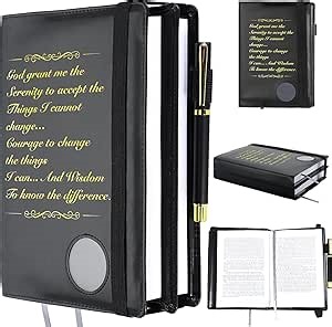 Double Alcoholics Anonymous AA Big Book Cover for 12 Steps & 12 Traditions Double AA Book Cover with Medallion Holder Pen Clip Alcoholics Anonymous Gifts for Serenity Prayer(Black)