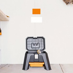 Need a boost? 🙋‍♂️ The Worx Storage Step Stool adds an extra 13″ to your reach and stores up to 28 lbs of tools right in the lid. | WORX Tools
