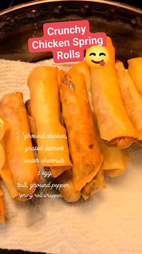 10 comments | Crunchy Spring Rolls. In a bowl, mixed ground chicken, grated carrots, water chestnuts, egg, ground pepper and salt to taste. Wrap in spring roll wrapper. Deep fry. Dip in Plum sauce. Share. Enjoy  #springrolls #yumyum #delicious #followers #highlights #StarSender #everyone #StarMaker | Joy Lopez Lanz Robillard | Facebook