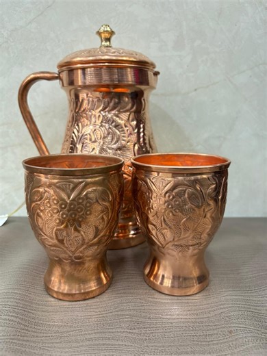 Buy Handcrafted Etched Copper Pitcher Set With 2 Goblets – Floral Grapevine Design Online in India - Etsy