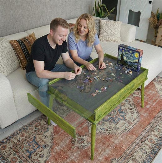 Pine Wood Puzzle Table With Drawers, Removable Glass Top - Etsy
