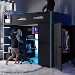 Full Size Gaming Loft Bed with Built-in Desk, Wardrobe, Storage Drawers, Overhead Shelves and RGB LED Light (Green)