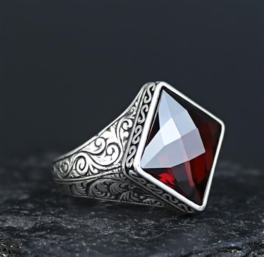 Men Handmade Ruby Stone Silver Ring, Red Engraved Square Garnet Ring, Ottoman Style Handmade Ring , 925k Sterling Silver Ring, Gift for Him - Etsy