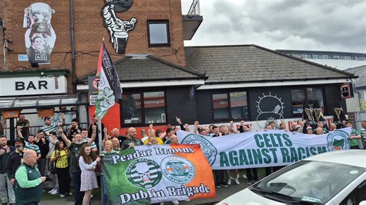 Lovely to be joined by members of Celtic FC supporters clubs from Dublin, Glasgow, Belfast and Birmingham to support our Celts against Racism and Celts for Palestine campaigns🙂🤝🇵🇸🍀🇮🇪 | Peadar Browns