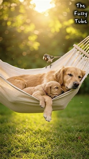 Golden Retriever Mom and Puppy Sleeping Peacefully in a Hammock