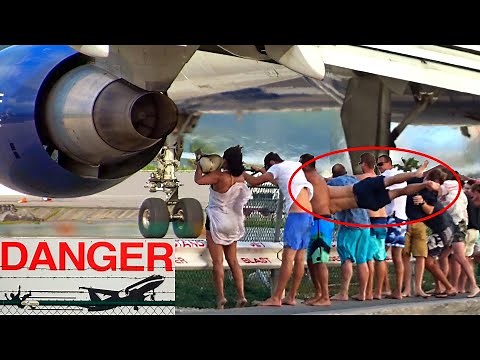 8 spectacular & dangerous Jet Blast Videos from Maho Beach at St. Maarten with different aircraft