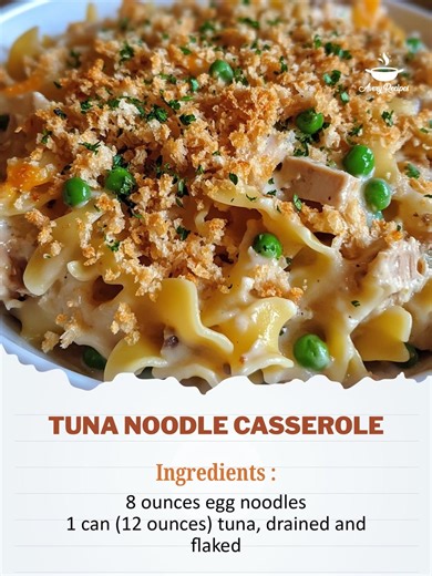 Tuna Noodle Casserole Classic Comfort Tuna Noodle Casserole Ingredients: 8 ounces egg noodles 1 can (12 ounces) tuna, drained and flaked 1 can (10.5 ounces) cream of mushroom soup 1 cup frozen peas 1/2 cup milk 1 cup shredded cheddar cheese 1/2 cup breadcrumbs 1 tablespoon olive oil 1/2 teaspoon garlic powder 1/2 teaspoon onion powder Salt and pepper to taste Directions: Preheat oven to 350°F (175°C). Cook the egg noodles according to package instructions until al dente. Drain and set aside. In 