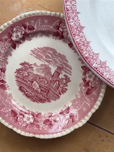 union vintage on Instagram: "A (ROSY) PLATE WALL: A. “English Scenic” by Staffordshire. Measures 8” in diameter. Some disocloration, crazing. Flea bites on bottom. $28 + shipping. B. Unmarked red transferware plate, perhaps mid-1800’s mulberry? Measures 9.5” $48 + shipping. CLAIMED - C. Wood & Sons “Cambridge” plate. Measures 9” in diameter. Some light scratching on face due to years of use. $22 + shipping. CLAIMED - D. EW (Enoch Wood) & S “Pagoda” pattern in light pink Measures 9.25” in diamete