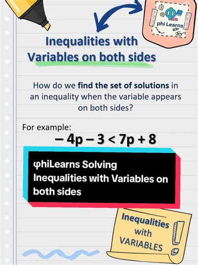 An inequality compares two expressions to show that one is less than or greater than the other — it gives a range or set of solutions, not always a single number. To solve one, treat it like an equation: move variables to one side, constants to the other, and isolate. #LearnOnTikTok #AlgebraHack #fyp #MathTok Credits go to Freepik & Slidesgo for the #PPT template