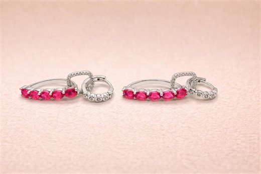 White Rhodium Hoop Earrings with Ruby Gemstone Drop