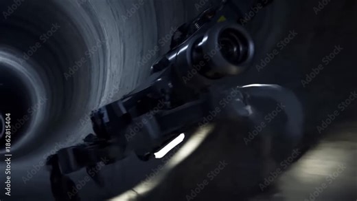 Autonomous robotic inspection crawler underground sewer pipe, camera scanning pipe interior, AI diagnostics overlays cracks, corrosion, water flow, 3D data visualizations, holographic interface, 4k