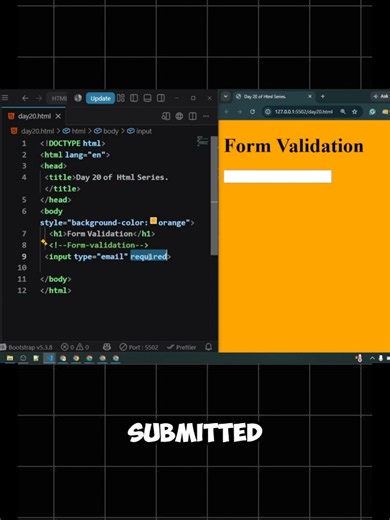 HTML Tutorial Day 20 | Form Validation in HTML Forms | Required, Min, Max, Minlength & Maxlength Welcome to Day 20 of our Complete HTML Tutorial Series! 🚀 In this video, you'll learn HTML Form Validation with practical examples. We will understand how to use important HTML form validation attributes such as required, min, max, minlength, maxlength, and basic email validation. These HTML features help you create more user-friendly and reliable forms for websites and web applications. This tutori