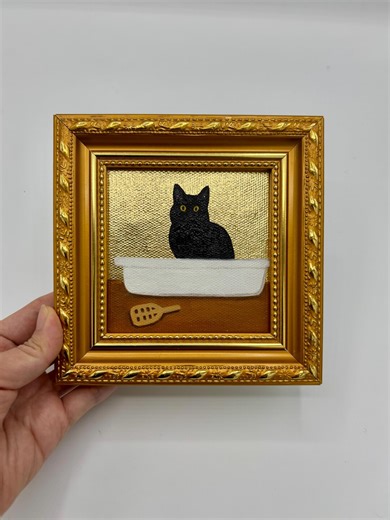 Gold Leaf Oil Painting, Hand-painted Framed Original Canvas Artwork, Cat in Litter Box - Etsy
