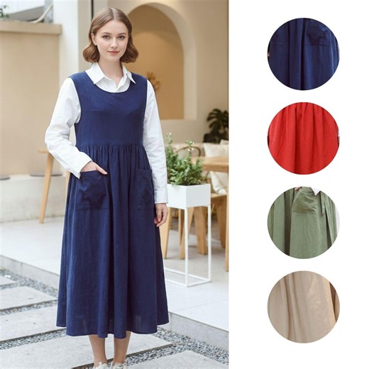 Cotton Sleeveless Apron Dress | Japanese Style, Pockets, Minimalist Kitchen Wear - Etsy