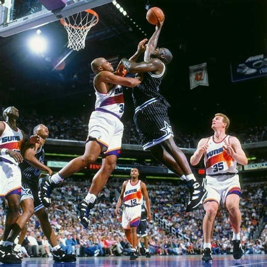 NBA Cobwebs on Instagram: "October 24, 1994: Orlando’s Shaquille O'Neal dunks on Charles Barkley of Phoenix during an NBA Preseason game at America West Arena. O'Neal finished with 23 PTS/11 REB/6 AST. Barkley scored 14 PTS as the Suns beat the Magic, 135-129. 📺 CNN/NBA #otd #90s #nba #basketball #dunk"