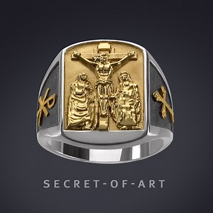 Jesus Ring Signet Ring Bishop Mary John Crucifixion Catholic Christ Religious Chi Rho Chi-rho Deacon Priest Cross Silver 925 18k-gold-plated - Etsy