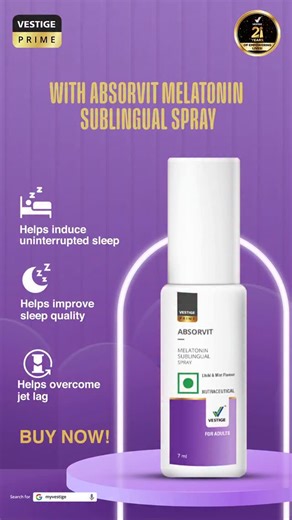 Struggling with restless nights or waking up tired? Absorvit Melatonin Sublingual Spray helps you slip into deep, uninterrupted sleep so your mind and body can fully recharge. Wake up refreshed and ready to take on the day! Buy now #vestige #healthyliving #wellness #wellnessjourney #melatonin | Vestige Marketing Pvt.Ltd