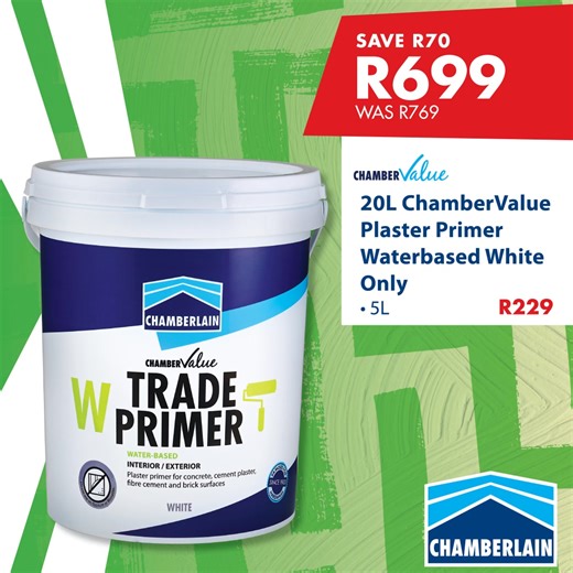 Paint Festival specials are on, and we are featuring ChamberValues' best sellers!🎉 Perfect for pros, DIYers, and everyone in between. Give your home the top-down treatment with ChamberValue Paint.🎨 Prices are valid from 24 September - 12 October, 2025. While stocks last. T's & C's apply. Colour your world with Paint Festival deals: https://www.chamberlains.co.za/fhc-paint-promotion #FamousForHardware #Chamberlain #PaintFestival #SuperbValue #DIY #ColourYourWorld #ChamberValue #HouseBrand | Cha