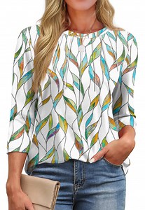 Fantaslook Womens Plus Size Tops 3/4 Sleeve Pleated Dressy Blouses Crew Neck Casual Tunic Tops Summer Shirts