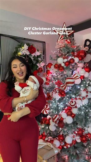 DIY Christmas ornament cluster hack 🎄 How gorgeous is my tree & decorations this year from @werchristmas! I used garden wire and 3 colours of baubles: red, white and silver. (Try to stick with 1-3 colours max) Group 3–5 baubles together that are different sizes. Twist the wire so the ball balls don’t fall though and leave about 6 inches at the end so you can easily secure the cluster straight onto the tree! Pro tip: hang the clusters inside the tree, not just on the tips, to instantly make it l