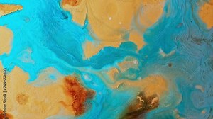 Painting abstract video with fluid art. In the style of liquid acrylics with sky-blue and brown colors. Aerial view with naturalistic landscape backgrounds.