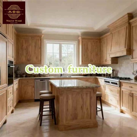 Custom U-Shaped Solid Wood Kitchen Cabinet Oak Full Kitchen Furniture Set with Island Complete Whole House Renovation Supplier