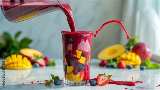 Fresh fruit smoothie being poured into a glass with a splash