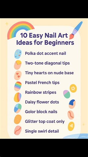 1.4K views | ✨ Beginner Nail Art Made Easy!  Try these 10 super simple designs — from polka dots to pastel tips — and give your nails a fun, colorful makeover!  #nailartideas #beginnernails #DIYNailDesigns #cutenailart #nailinspo | Manisha Saini | Facebook