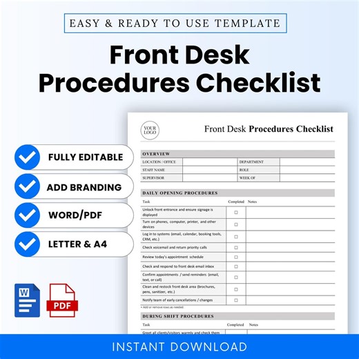 Front Desk Procedures Checklist Template – Word & PDF, A4   US Letter - Etsy