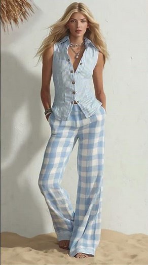 Mediterranean Minimalist Blue And White Striped Pants Set - Lunemuse