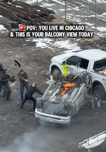 I stepped onto my balcony and this is what I saw. Car flipped. On fire. Officers walking up with guns drawn. Chicago… what are we filming this time and who are these actors ? 👀🎬 #chicagopd #chicagoshows #moviescenes🎬 #chicagolife
