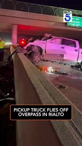 Dashcam video captures a pickup truck flying off an overpass in Rialto and crashing onto the 210 Freeway Friday night. #crash #rialto | KTLA 5 News