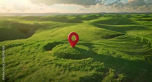a red location icon positioned amidst a lush green field against a sunset sky background, serving as a digital illustration for site plans or map designs.