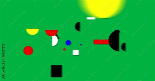 Blue arc entering left, shapes spawning, moving, clustering to form collage on transparent canvas