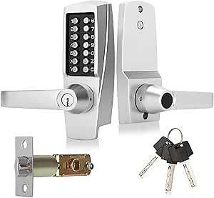New Upgrade Mechanical Door Lock with Handle,Mechanical Push Button Lever Lock,Stainless Steel Mechanical Keyless Entry Door Lock with Key,Upgrade Adjustable Deadlatch 2-3/8'' and 2-3/4''