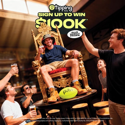 Attention footy fans, tipping has landed on pub 🏆 Sign up for a chance to win a share of $100k, plus weekly prizes all season long. Join a venue league or battle your mates in a private league. T&Cs apply. | pub plus