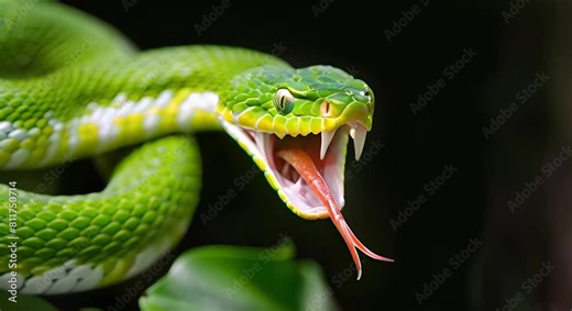 Close-Up of a Green Snake with Mouth Open, Tongue Out, and Eyes Wide Open. Concept Wildlife Photography, Reptiles, Snakes, Close-Up Shots, Nature Images