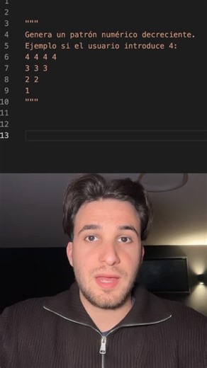 Arnau | Programación en Python on Instagram: "🔻 ¿Puedes generar este patrón SOLO con un for? 😏 #Python En este ejercicio trabajarás con bucles descendentes y generación de patrones numéricos. Aprenderás a controlar el flujo de un programa usando range inverso. Perfecto para mejorar tu lógica y entender mejor los bucles en Python. #Python #programación #coding #patrones #bucles #for #pythonbasico #principiantes #logica #aprendepython #informatica #datascience #educacion #tecnologia"